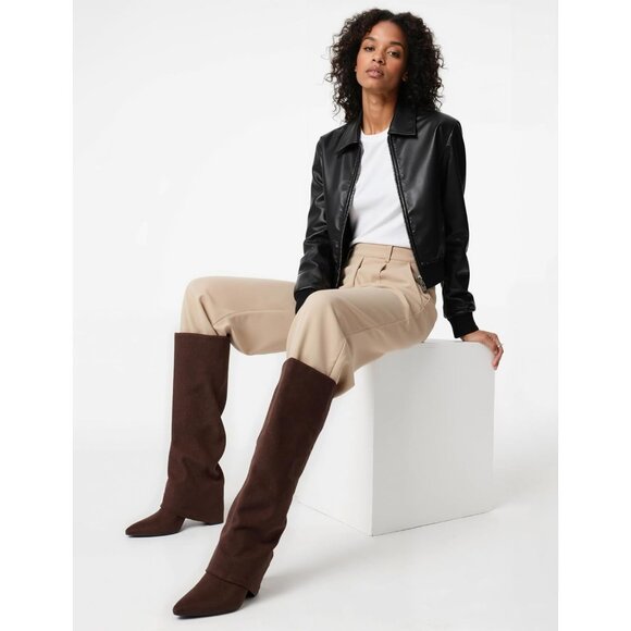 Women Suede Chocolate Faux Leather Fold Over Knee High Chunky High Heels Boot - Picture 5 of 7